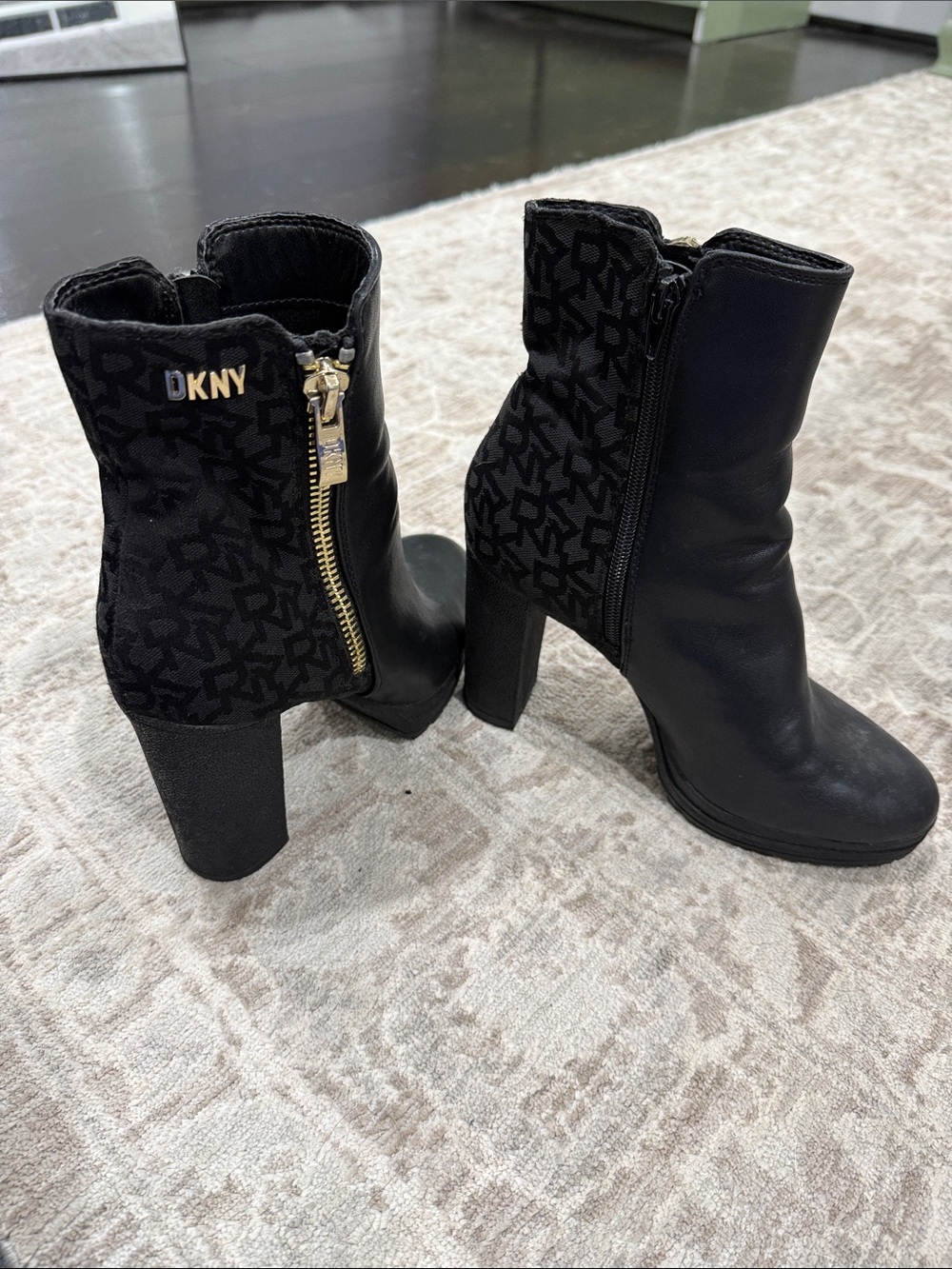 DKNY Black Logo Jacquard & Leather Block Heel Ankle Boots
